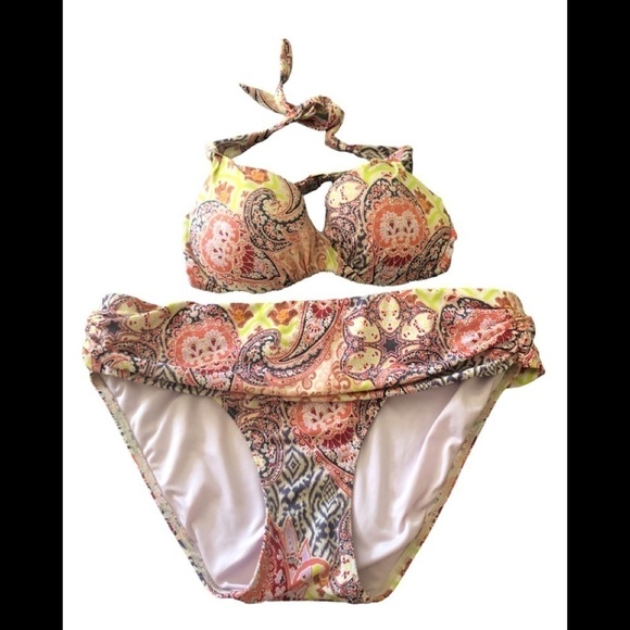 Victoria’s Secret Heavenly 3PC Fold Over Paisley Bikini Tankini M Halter Style - Picture 2 of 13